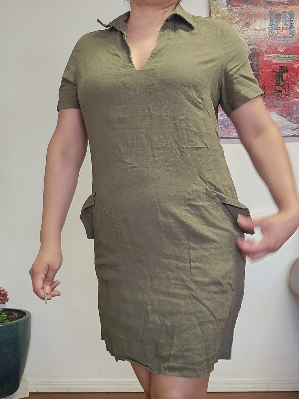 MAX Studio London Olive Green Short Sleeve Collared Shift Dress Size M - Picture 2 of 5